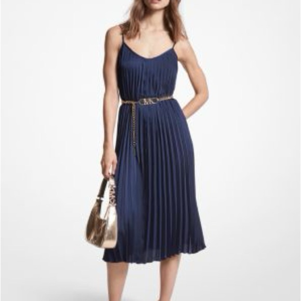 Michael Kors Navy Blue Pleated Slip Dress with Gold waist belt